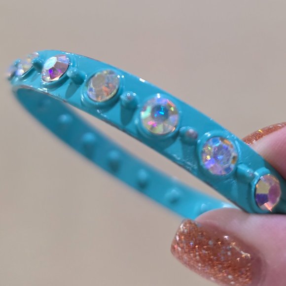 Vintage Retro Turquoise Metal Bangle Bracelet Aurora Borealis Glass Rhinestones - Picture 11 of 13